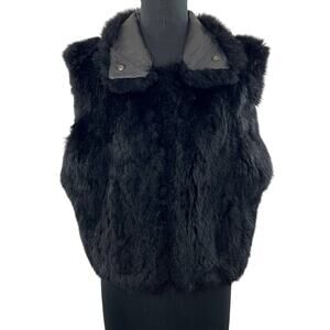 SEA DREAM Leather Vintage Black Fur Sleeveless Jacket Vest Cropped Short 40 M